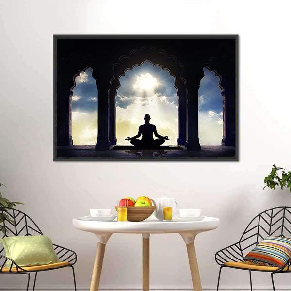 Meditating In Old Temple Canvas Wall Art-1 Piece-Floating Frame-24" x 16"-Tiaracle