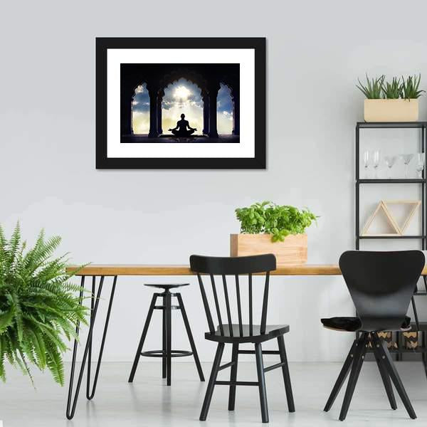 Meditating In Old Temple Canvas Wall Art-1 Piece-Framed Print-20" x 16"-Tiaracle