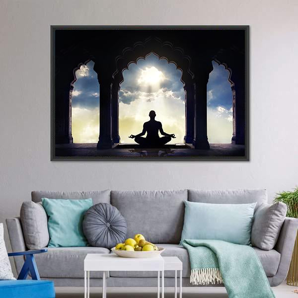 Meditating In Old Temple Canvas Wall Art-5 Horizontal-Gallery Wrap-22" x 12"-Tiaracle