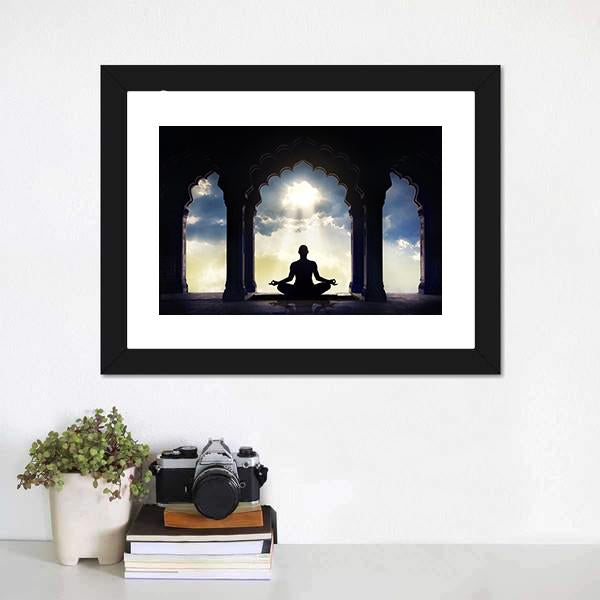 Meditating In Old Temple Canvas Wall Art-5 Horizontal-Gallery Wrap-22" x 12"-Tiaracle