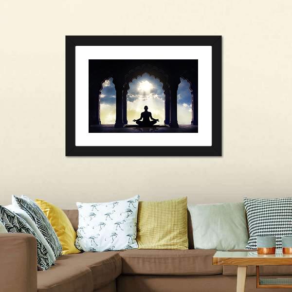 Meditating In Old Temple Canvas Wall Art-5 Horizontal-Gallery Wrap-22" x 12"-Tiaracle