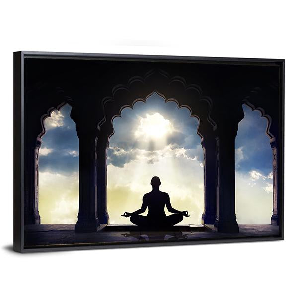 Meditating In Old Temple Canvas Wall Art-5 Horizontal-Gallery Wrap-22" x 12"-Tiaracle