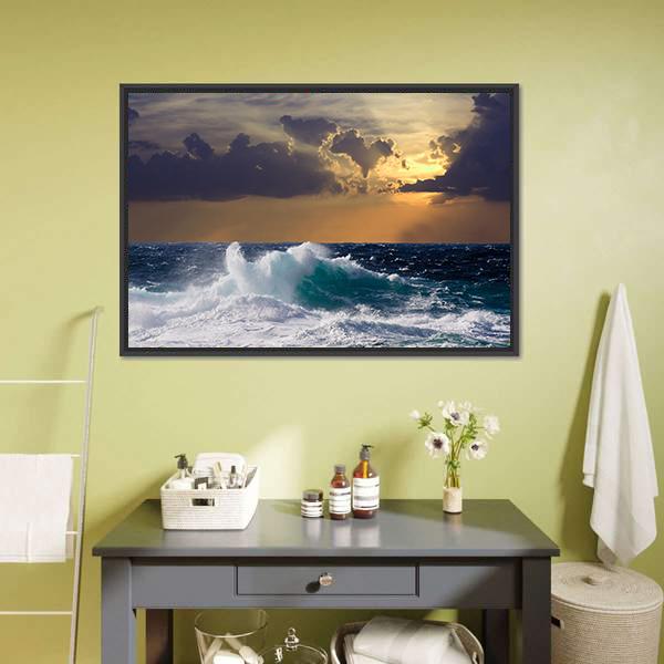 Mediterranean Wave During Storm Canvas Wall Art-1 Piece-Floating Frame-24" x 16"-Tiaracle