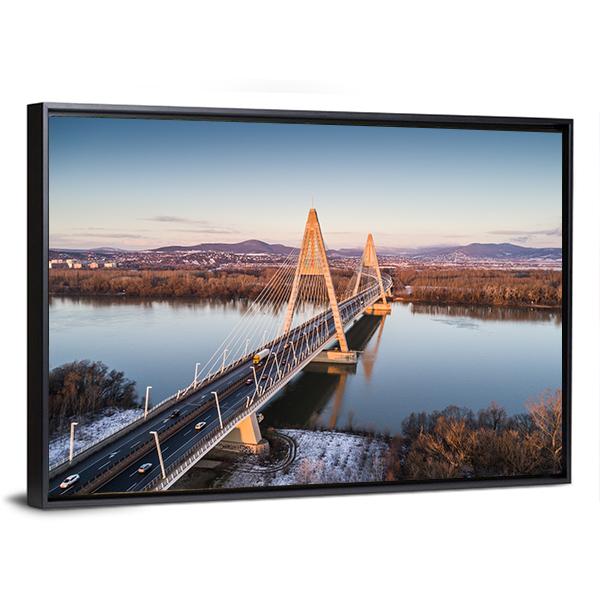 Megyeri Bridge Over River Canvas Wall Art-1 Piece-Floating Frame-24" x 16"-Tiaracle