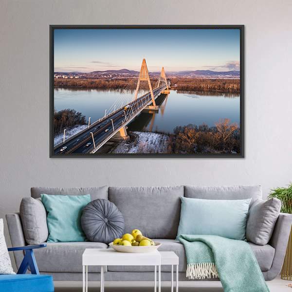 Megyeri Bridge Over River Canvas Wall Art-1 Piece-Floating Frame-36" x 24"-Tiaracle