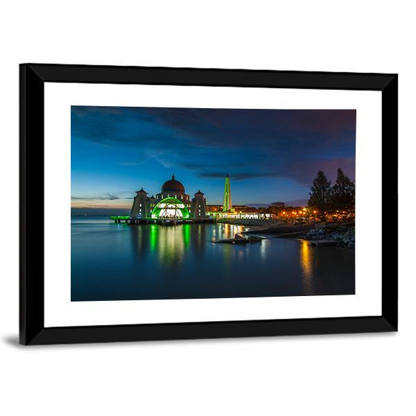Melaka Straits Mosque Canvas Wall Art-1 Piece-Framed Print-30" x 20"-Tiaracle