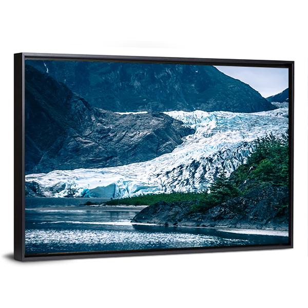 Mendenhall Glacier, Alaska Canvas Wall Art in white, gray and blue, framed canvas, product view on a white background