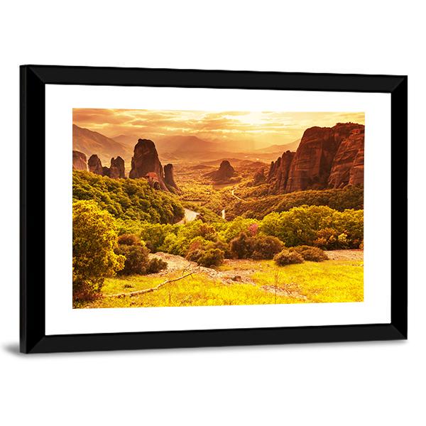 Meteora Monasteries Greece Canvas Wall Art-1 Piece-Framed Print-20" x 16"-Tiaracle
