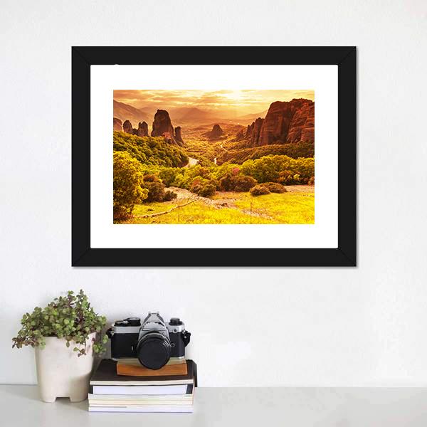 Meteora Monasteries Greece Canvas Wall Art-1 Piece-Framed Print-20" x 16"-Tiaracle