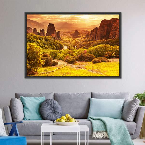 Meteora Monasteries Greece Canvas Wall Art-5 Horizontal-Gallery Wrap-22" x 12"-Tiaracle