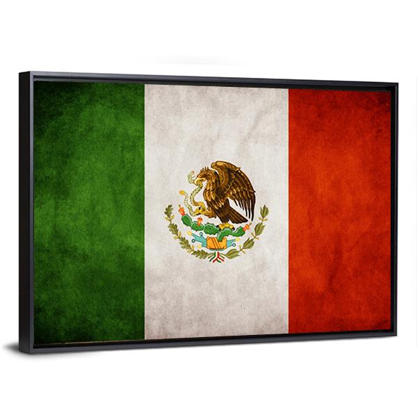 Mexican Flag with Eagle and Snake Canvas Wall Art in white, red and green, framed canvas, product view on a white background