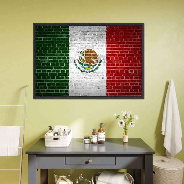 Mexico Flag On Brick Wall Canvas Wall Art-3 Horizontal-Gallery Wrap-25" x 16"-Tiaracle