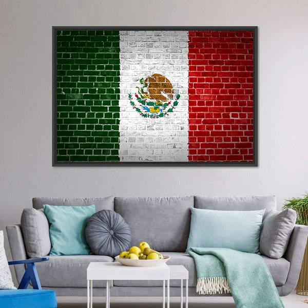 Mexico Flag On Brick Wall Canvas Wall Art-3 Horizontal-Gallery Wrap-25" x 16"-Tiaracle