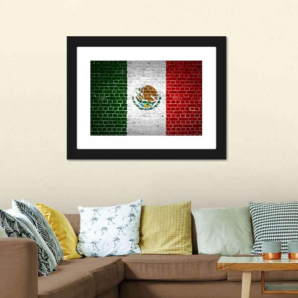 Mexico Flag On Brick Wall Canvas Wall Art-3 Horizontal-Gallery Wrap-25" x 16"-Tiaracle