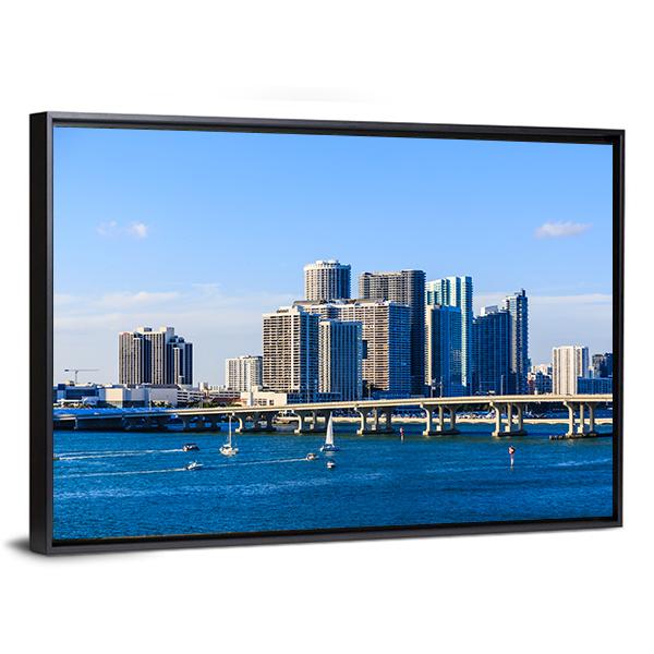 Miami Skyline Causeway Canvas Wall Art-3 Horizontal-Gallery Wrap-25" x 16"-Tiaracle