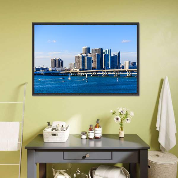 Miami Skyline Causeway Canvas Wall Art-3 Horizontal-Gallery Wrap-25" x 16"-Tiaracle