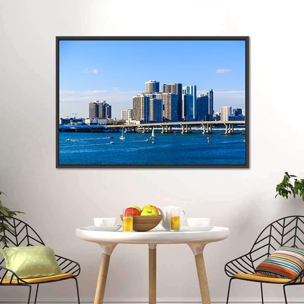 Miami Skyline Causeway Canvas Wall Art-3 Horizontal-Gallery Wrap-25" x 16"-Tiaracle