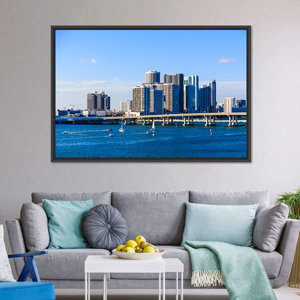 Miami Skyline Causeway Canvas Wall Art-3 Horizontal-Gallery Wrap-25" x 16"-Tiaracle