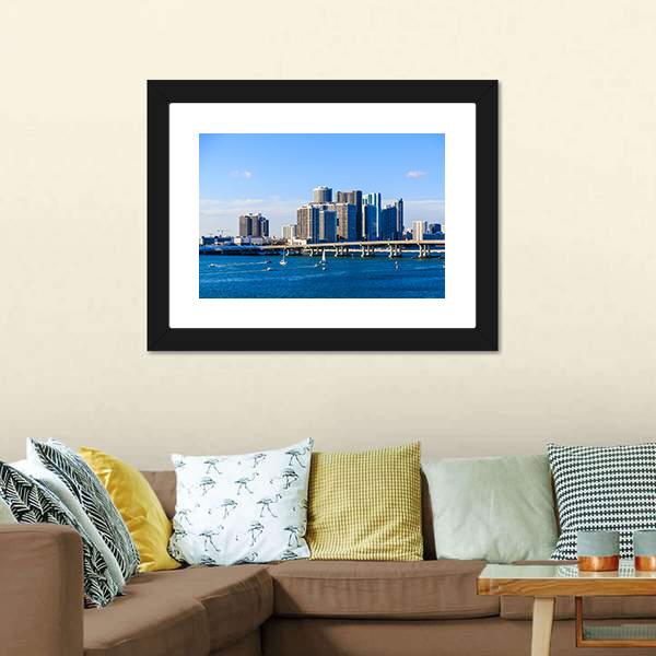 Miami Skyline Causeway Canvas Wall Art-3 Horizontal-Gallery Wrap-25" x 16"-Tiaracle