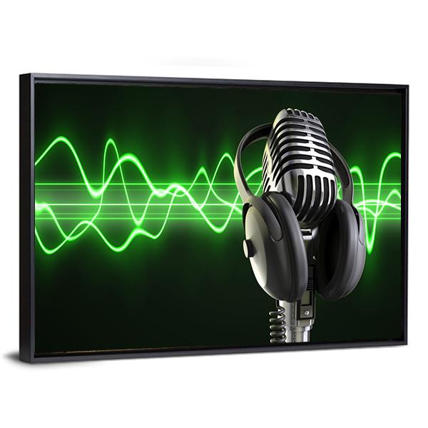 Microphone and Headphones with Green Sound Wave Canvas Wall Art in black, silver and green, framed canvas, product view on a white background