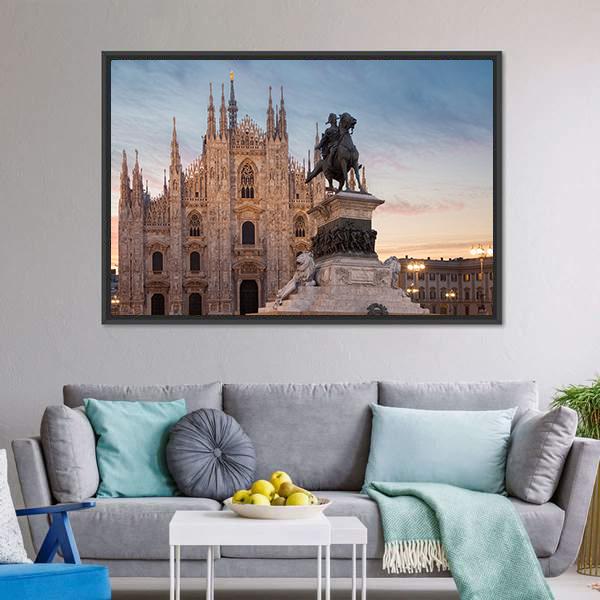 Milan Cathedral With Vittorio Emanuele II Canvas Wall Art-3 Horizontal-Gallery Wrap-25" x 16"-Tiaracle