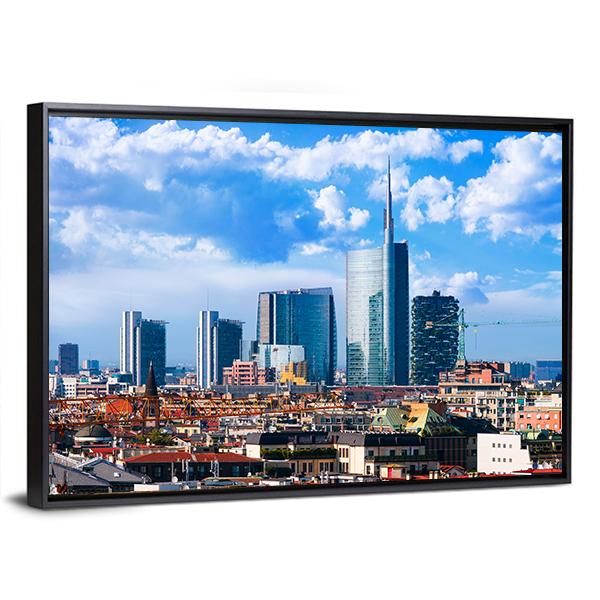 Milan Skyline Canvas Wall Art in white, gray and blue, framed canvas, product view on a white background
