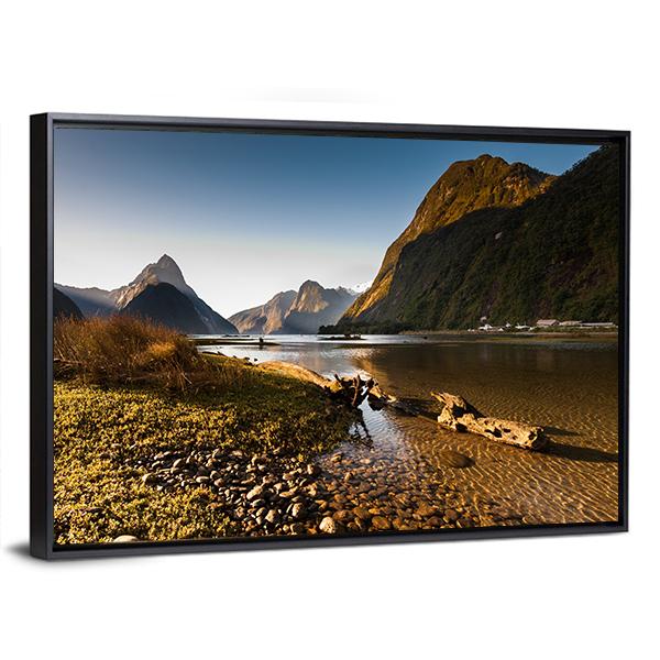 Milford Sound Shoreline at Late Afternoon Canvas Wall Art in brown, green and blue, framed canvas, product view on a white background