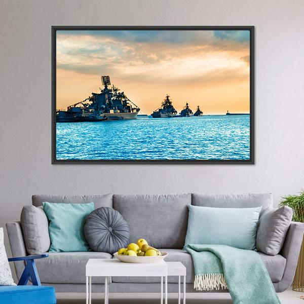 Military Navy Ships In Sea Canvas Wall Art-3 Horizontal-Gallery Wrap-25" x 16"-Tiaracle