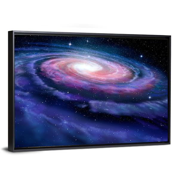 Milky Way Galaxy Canvas Wall Art in black, blue and purple, framed canvas, product view on a white background