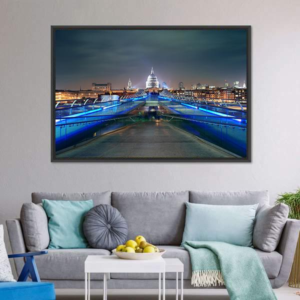 Millennium Bridge At Night Canvas Wall Art-3 Horizontal-Gallery Wrap-25" x 16"-Tiaracle