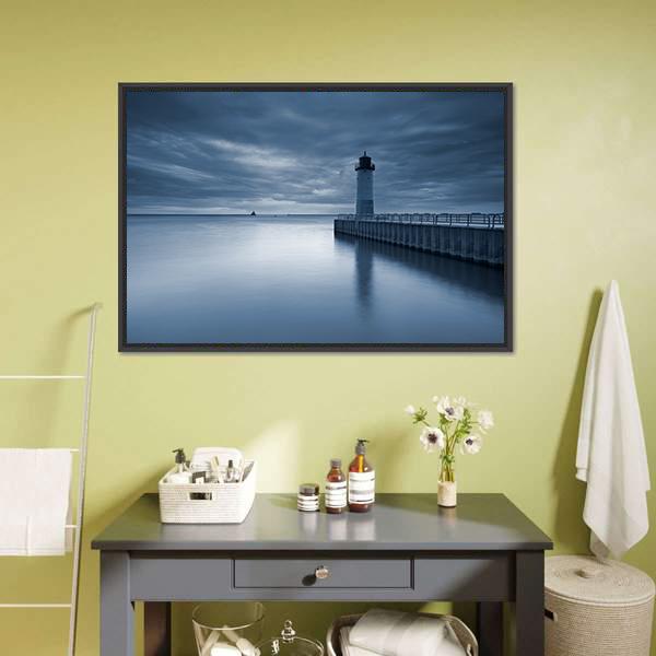 Milwaukee Lighthouse At Sunset Canvas Wall Art-3 Horizontal-Gallery Wrap-25" x 16"-Tiaracle