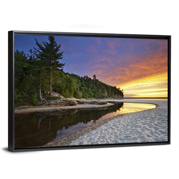Miners Beach Michigan Sunset Canvas Wall Art in orange, yellow and blue, framed canvas, product view on a white background