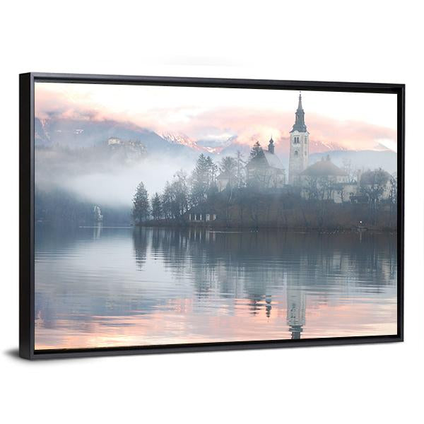 Misty Evening At Bled Lake Canvas Wall Art-3 Horizontal-Gallery Wrap-25" x 16"-Tiaracle