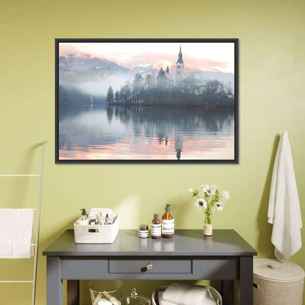 Misty Evening At Bled Lake Canvas Wall Art-3 Horizontal-Gallery Wrap-25" x 16"-Tiaracle