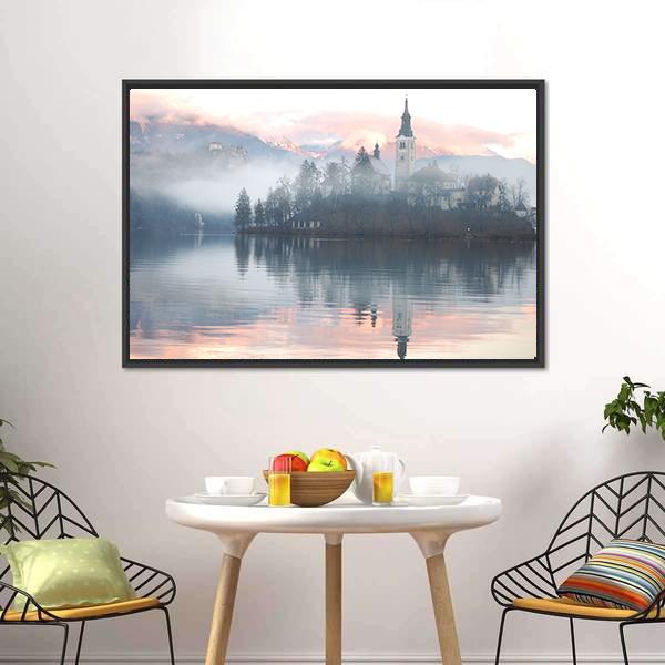 Misty Evening At Bled Lake Canvas Wall Art-3 Horizontal-Gallery Wrap-25" x 16"-Tiaracle