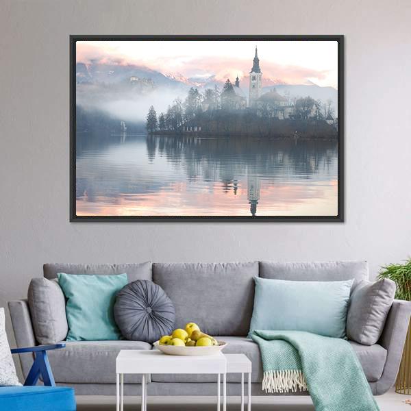 Misty Evening At Bled Lake Canvas Wall Art-3 Horizontal-Gallery Wrap-25" x 16"-Tiaracle