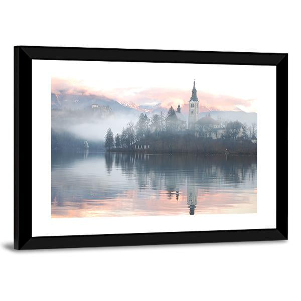 Misty Evening At Bled Lake Canvas Wall Art-3 Horizontal-Gallery Wrap-25" x 16"-Tiaracle