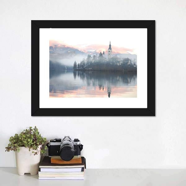 Misty Evening At Bled Lake Canvas Wall Art-3 Horizontal-Gallery Wrap-25" x 16"-Tiaracle
