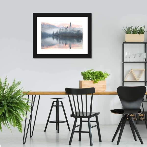 Misty Evening At Bled Lake Canvas Wall Art-3 Horizontal-Gallery Wrap-25" x 16"-Tiaracle