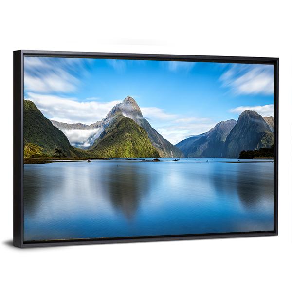 Mitre Peak, New Zealand Canvas Wall Art in gray, green and blue, framed canvas, product view on a white background