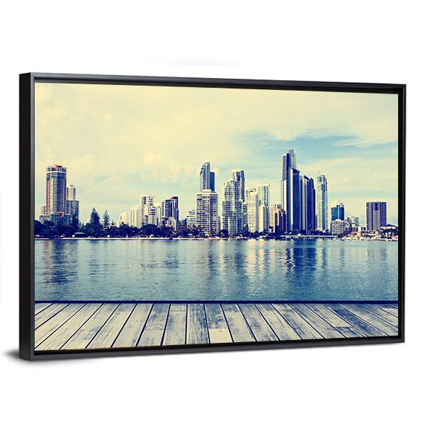 Gold Coast City Skyline with Wooden Pier Canvas Wall Art in gray, beige and blue, framed canvas, product view on a white background