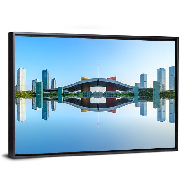Modern City Reflection In Water Canvas Wall Art-3 Horizontal-Gallery Wrap-25" x 16"-Tiaracle