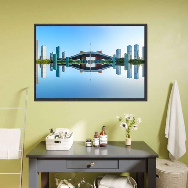 Modern City Reflection In Water Canvas Wall Art-3 Horizontal-Gallery Wrap-25" x 16"-Tiaracle