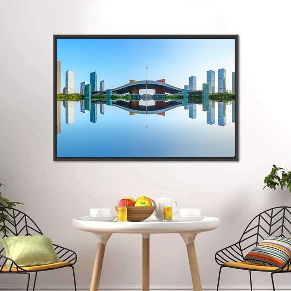 Modern City Reflection In Water Canvas Wall Art-3 Horizontal-Gallery Wrap-25" x 16"-Tiaracle