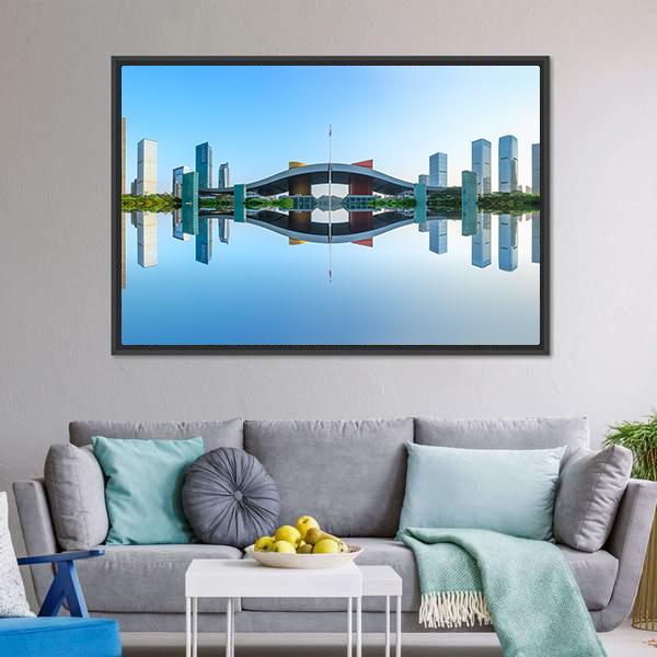 Modern City Reflection In Water Canvas Wall Art-3 Horizontal-Gallery Wrap-25" x 16"-Tiaracle