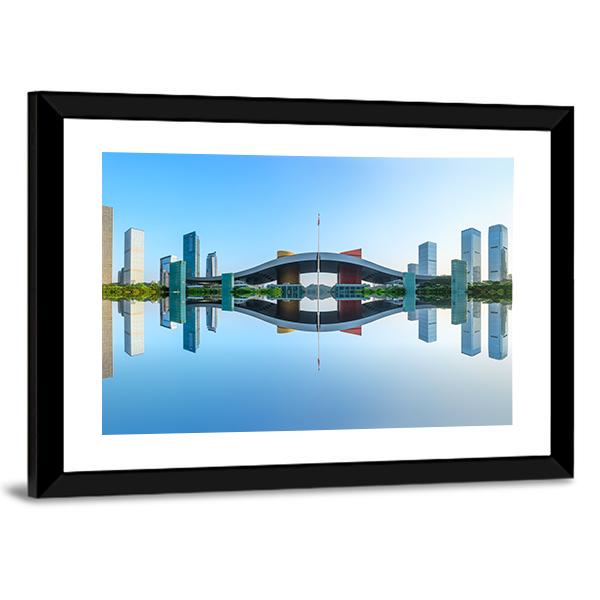 Modern City Reflection In Water Canvas Wall Art-3 Horizontal-Gallery Wrap-25" x 16"-Tiaracle