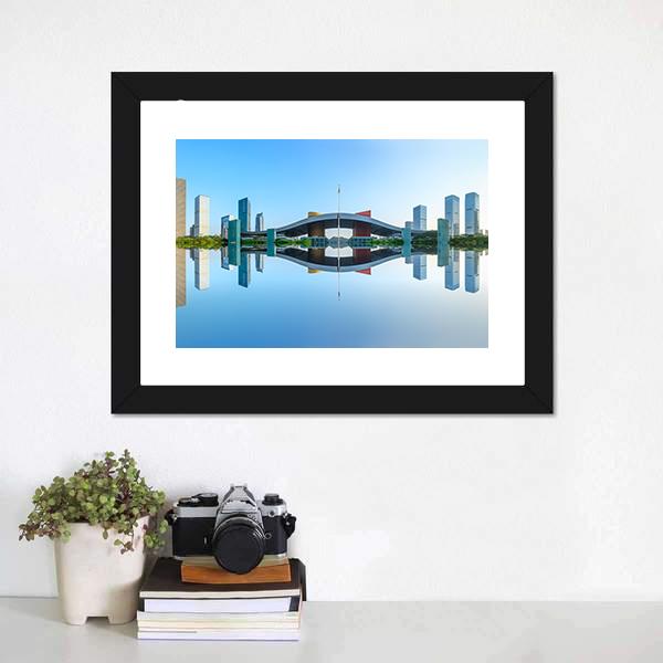 Modern City Reflection In Water Canvas Wall Art-3 Horizontal-Gallery Wrap-25" x 16"-Tiaracle