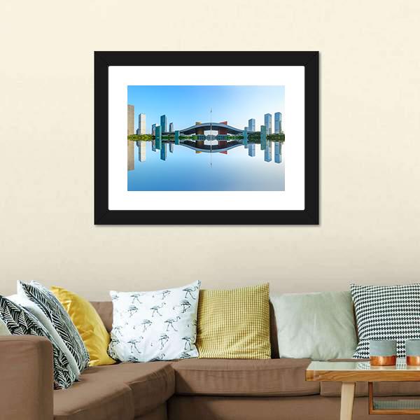 Modern City Reflection In Water Canvas Wall Art-3 Horizontal-Gallery Wrap-25" x 16"-Tiaracle