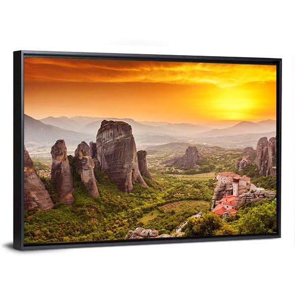 Monastery Of Rousanou Canvas Wall Art-1 Piece-Floating Frame-24" x 16"-Tiaracle