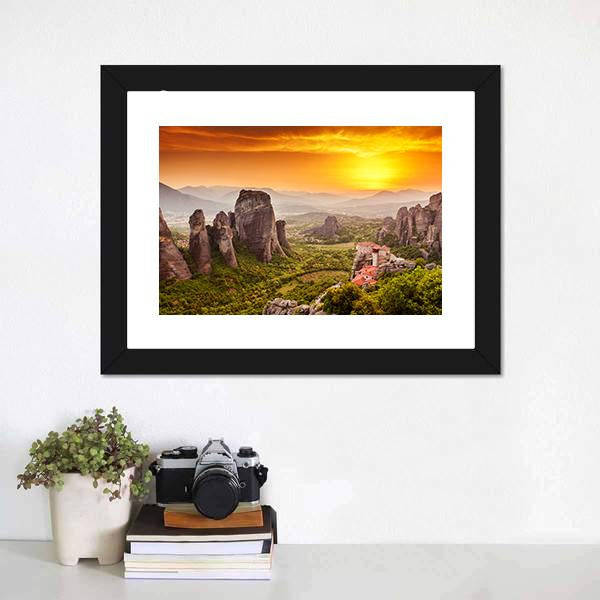 Monastery Of Rousanou Canvas Wall Art-1 Piece-Framed Print-20" x 16"-Tiaracle